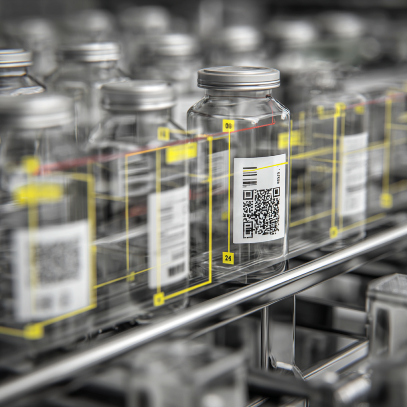 image of what looks like pharmaceutical bottles, showing some overlay of digital information. the bottles include some Qr and RFDI codes on them
